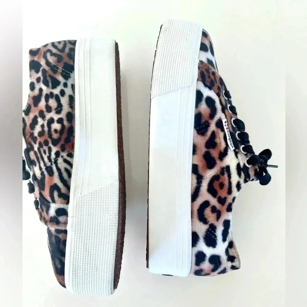 Superga Velvet Leopard Print Chunky Platform Lace-Up Sneakers Size‎ 39.5